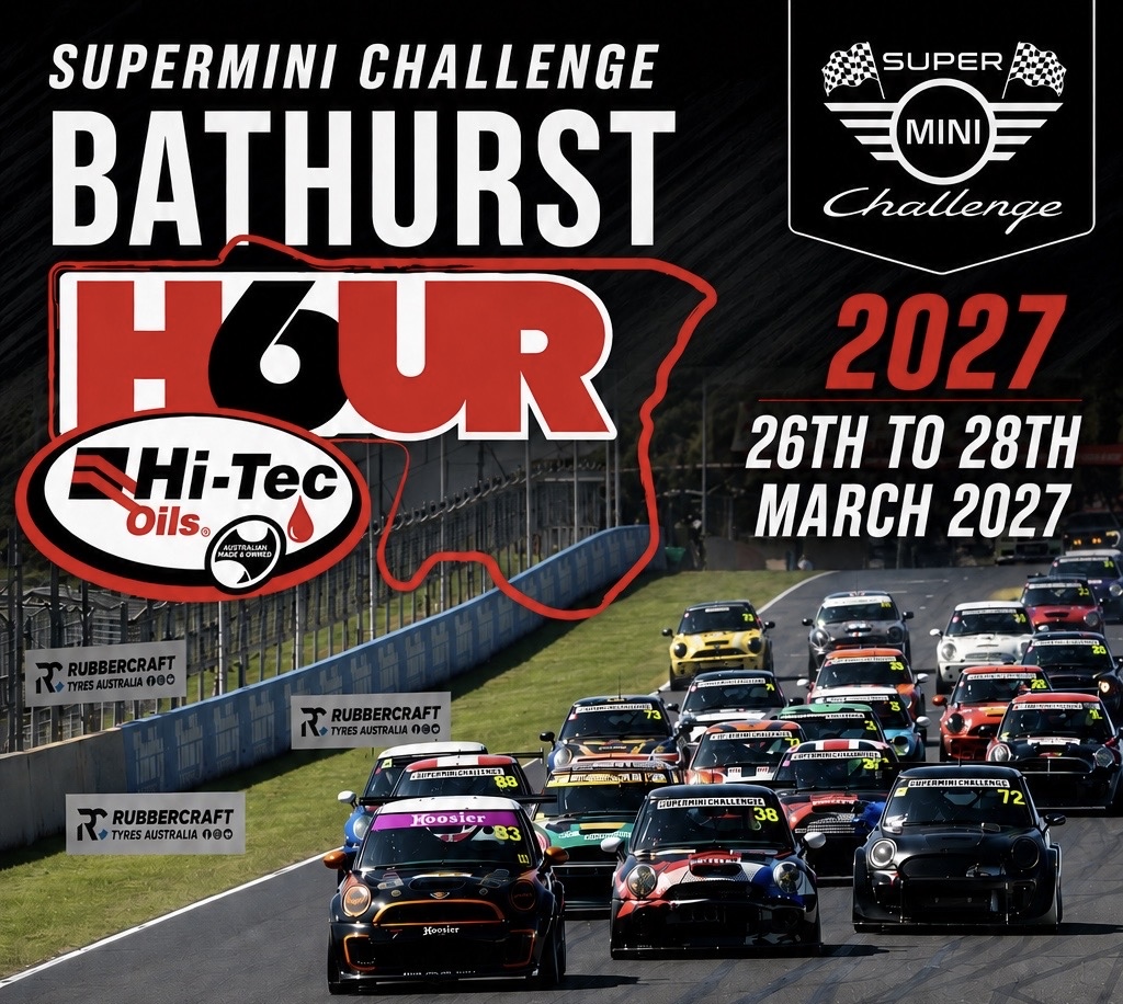 SuperMini Challenge Bathurst 6 Hour 2027 announcement — a grid of SuperMinis at Mount Panorama