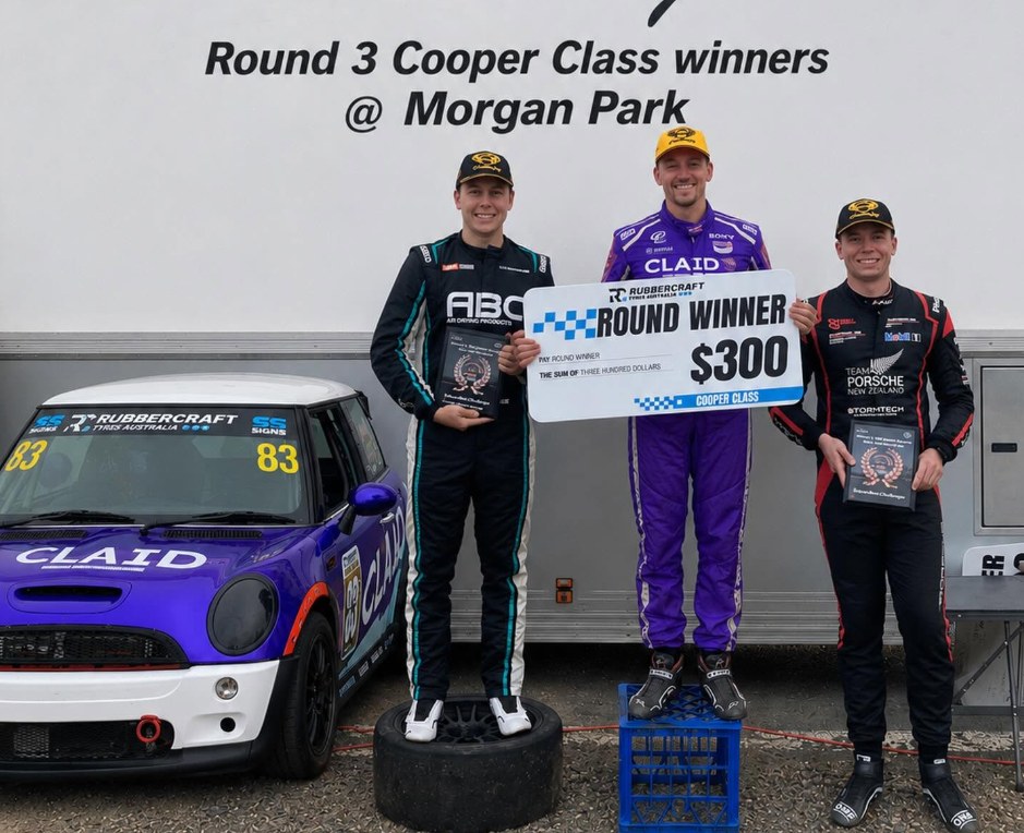 Round 3 Cooper Class podium at Morgan Park — Zane Goddard, Josh Mills and Brock Gilchrist